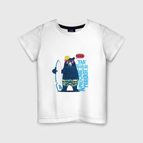 Детская футболка хлопок с принтом Медведь в Петрозаводске, 100% хлопок | круглый вырез горловины, полуприлегающий силуэт, длина до линии бедер | каникулы | лето | медведи | медведь | море | отдых | отпуск | пляж | с медведем | серф | серфинг