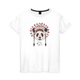 Женская футболка хлопок с принтом Панда в Петрозаводске, 100% хлопок | прямой крой, круглый вырез горловины, длина до линии бедер, слегка спущенное плечо | индеец | инди | медведи | медведь | панда | панды | с медведем | с пандой