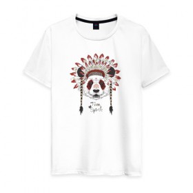 Мужская футболка хлопок с принтом Панда в Петрозаводске, 100% хлопок | прямой крой, круглый вырез горловины, длина до линии бедер, слегка спущенное плечо. | индеец | инди | медведи | медведь | панда | панды | с медведем | с пандой