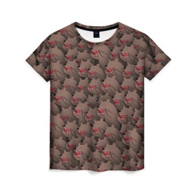 Женская футболка 3D с принтом Медведи мемы в Петрозаводске, 100% полиэфир ( синтетическое хлопкоподобное полотно) | прямой крой, круглый вырез горловины, длина до линии бедер | из кустов | комикс | коричневый | медведь | мем | мишки | паттерн | толпа