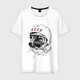 Мужская футболка хлопок с принтом Собака в космосе в Петрозаводске, 100% хлопок | прямой крой, круглый вырез горловины, длина до линии бедер, слегка спущенное плечо. | белка и стрелка | космос | собака | ссср