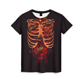 Женская футболка 3D с принтом Человеческий скелет в Петрозаводске, 100% полиэфир ( синтетическое хлопкоподобное полотно) | прямой крой, круглый вырез горловины, длина до линии бедер | 3d скелет | кости | легкие | органы | ребра | сердце | скелет | человек
