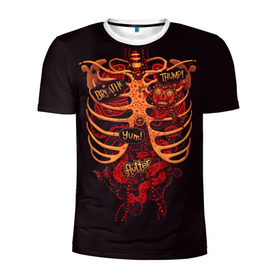 Мужская футболка 3D спортивная с принтом Человеческий скелет в Петрозаводске, 100% полиэстер с улучшенными характеристиками | приталенный силуэт, круглая горловина, широкие плечи, сужается к линии бедра | Тематика изображения на принте: 3d скелет | кости | легкие | органы | ребра | сердце | скелет | человек