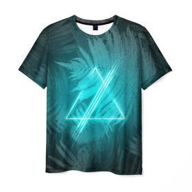 Мужская футболка 3D с принтом Neon light blue в Петрозаводске, 100% полиэфир | прямой крой, круглый вырез горловины, длина до линии бедер | неон | папоротник | треугольник