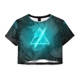Женская футболка 3D укороченная с принтом Neon light blue в Петрозаводске, 100% полиэстер | круглая горловина, длина футболки до линии талии, рукава с отворотами | неон | папоротник | треугольник