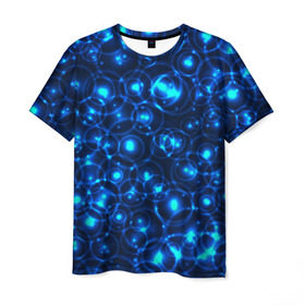 Мужская футболка 3D с принтом Пузырчатый абстракт в Петрозаводске, 100% полиэфир | прямой крой, круглый вырез горловины, длина до линии бедер | Тематика изображения на принте: абстракт | огоньки | пузыри | синий
