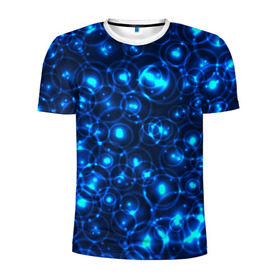 Мужская футболка 3D спортивная с принтом Пузырчатый абстракт в Петрозаводске, 100% полиэстер с улучшенными характеристиками | приталенный силуэт, круглая горловина, широкие плечи, сужается к линии бедра | Тематика изображения на принте: абстракт | огоньки | пузыри | синий