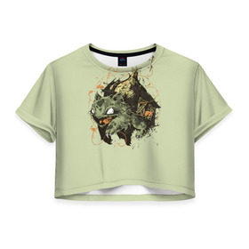 Женская футболка 3D укороченная с принтом Бульбазавр в Петрозаводске, 100% полиэстер | круглая горловина, длина футболки до линии талии, рукава с отворотами | pocket monster | pokemon | аниме | изба | избушка | кичум | пикачу | эш