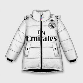 Зимняя куртка для девочек 3D с принтом Реал Мадрид Форма Новая 18 19 в Петрозаводске, ткань верха — 100% полиэстер; подклад — 100% полиэстер, утеплитель — 100% полиэстер. | длина ниже бедра, удлиненная спинка, воротник стойка и отстегивающийся капюшон. Есть боковые карманы с листочкой на кнопках, утяжки по низу изделия и внутренний карман на молнии. 

Предусмотрены светоотражающий принт на спинке, радужный светоотражающий элемент на пуллере молнии и на резинке для утяжки. | Тематика изображения на принте: 2019 | cristiano | isco | madrid | real | иско | мадрид | реал | сливочные | форма | футбольная