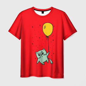 Мужская футболка 3D с принтом Котик на шарике в Петрозаводске, 100% полиэфир | прямой крой, круглый вырез горловины, длина до линии бедер | cat | домашние любимцы | животные | котики | котэ | котята | любовь | милые | шарик