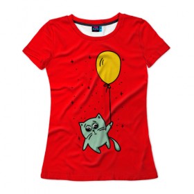 Женская футболка 3D с принтом Котик на шарике в Петрозаводске, 100% полиэфир ( синтетическое хлопкоподобное полотно) | прямой крой, круглый вырез горловины, длина до линии бедер | cat | домашние любимцы | животные | котики | котэ | котята | любовь | милые | шарик
