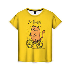 Женская футболка 3D с принтом Be Happy,cat в Петрозаводске, 100% полиэфир ( синтетическое хлопкоподобное полотно) | прямой крой, круглый вырез горловины, длина до линии бедер | cat | домашние любимцы | животные | котики | котэ | котята | любовь | милые