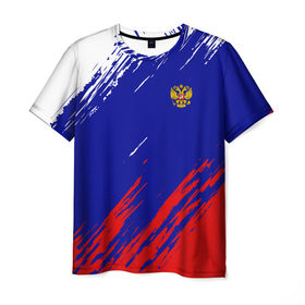 Мужская футболка 3D с принтом RUSSIA SPORT в Петрозаводске, 100% полиэфир | прямой крой, круглый вырез горловины, длина до линии бедер | russia | белый | болельщик | герб | двуглавый орел | корона | красный | лошадь | модные | надписи | орел | патриот | россия | синий | спорт | спортивные | триколор | униформа | фанат | цвет