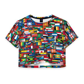 Женская футболка 3D укороченная с принтом Флаги всех стран в Петрозаводске, 100% полиэстер | круглая горловина, длина футболки до линии талии, рукава с отворотами | интернационал | мир | паттерн | флаг