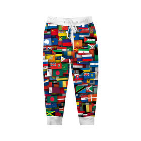 Детские брюки 3D с принтом Флаги всех стран в Петрозаводске, 100% полиэстер | манжеты по низу, эластичный пояс регулируется шнурком, по бокам два кармана без застежек, внутренняя часть кармана из мелкой сетки | интернационал | мир | паттерн | флаг