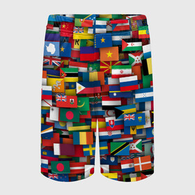 Детские спортивные шорты 3D с принтом Флаги всех стран в Петрозаводске,  100% полиэстер
 | пояс оформлен широкой мягкой резинкой, ткань тянется
 | Тематика изображения на принте: интернационал | мир | паттерн | флаг