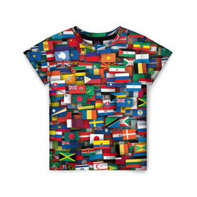 Детская футболка 3D с принтом Флаги всех стран в Петрозаводске, 100% гипоаллергенный полиэфир | прямой крой, круглый вырез горловины, длина до линии бедер, чуть спущенное плечо, ткань немного тянется | интернационал | мир | паттерн | флаг
