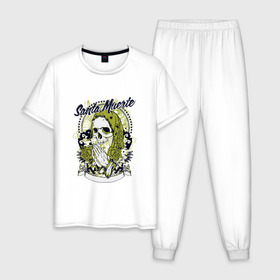 Мужская пижама хлопок с принтом Santa Muerte в Петрозаводске, 100% хлопок | брюки и футболка прямого кроя, без карманов, на брюках мягкая резинка на поясе и по низу штанин
 | Тематика изображения на принте: 