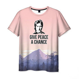 Мужская футболка 3D с принтом Give Peace a Chance в Петрозаводске, 100% полиэфир | прямой крой, круглый вырез горловины, длина до линии бедер | Тематика изображения на принте: битлз | горы | джон леннон | ленон | мир | песня | цитаты | шанс