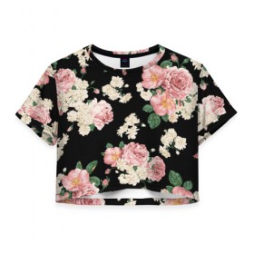 Женская футболка 3D укороченная с принтом Flowers Pattern в Петрозаводске, 100% полиэстер | круглая горловина, длина футболки до линии талии, рукава с отворотами | 