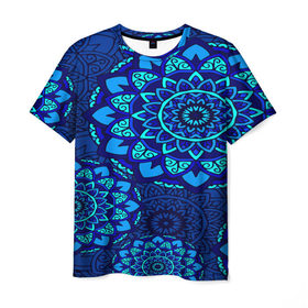 Мужская футболка 3D с принтом MANDALA BLUE в Петрозаводске, 100% полиэфир | прямой крой, круглый вырез горловины, длина до линии бедер | Тематика изображения на принте: 
