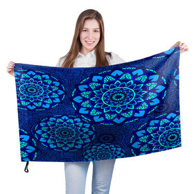 Флаг 3D с принтом MANDALA BLUE в Петрозаводске, 100% полиэстер | плотность ткани — 95 г/м2, размер — 67 х 109 см. Принт наносится с одной стороны | 