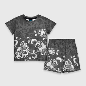 Детский костюм с шортами 3D с принтом Кружевной узор в Петрозаводске,  |  | flowers | pattern | арт | винтаж | кружева | орнамент | текстура | узор | цветы | черно белый