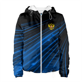 Женская куртка 3D с принтом Russia Sport 2018 uniform в Петрозаводске, ткань верха — 100% полиэстер, подклад — флис | прямой крой, подол и капюшон оформлены резинкой с фиксаторами, два кармана без застежек по бокам, один большой потайной карман на груди. Карман на груди застегивается на липучку | Тематика изображения на принте: abstraction | grunge | russia | sport | абстракция | герб | краска | русский | символика рф | спорт | спортивный | триколор | униформа | форма | я русский