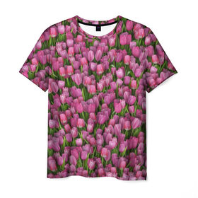 Мужская футболка 3D с принтом Розовые тюльпаны в Петрозаводске, 100% полиэфир | прямой крой, круглый вырез горловины, длина до линии бедер | 