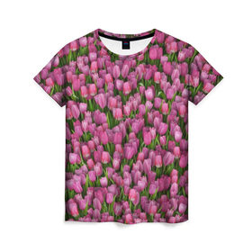 Женская футболка 3D с принтом Розовые тюльпаны в Петрозаводске, 100% полиэфир ( синтетическое хлопкоподобное полотно) | прямой крой, круглый вырез горловины, длина до линии бедер | 