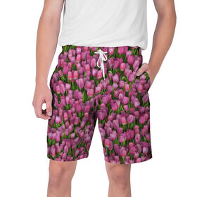 Мужские шорты 3D с принтом Розовые тюльпаны в Петрозаводске,  полиэстер 100% | прямой крой, два кармана без застежек по бокам. Мягкая трикотажная резинка на поясе, внутри которой широкие завязки. Длина чуть выше колен | 