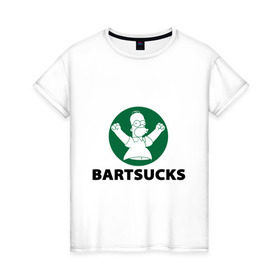 Женская футболка хлопок с принтом Bartsucks в Петрозаводске, 100% хлопок | прямой крой, круглый вырез горловины, длина до линии бедер, слегка спущенное плечо | Тематика изображения на принте: bart | homer | simpsons | барт | гомер | старбакс
