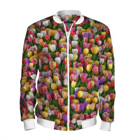 Мужской бомбер 3D с принтом Разноцветные тюльпаны в Петрозаводске, 100% полиэстер | застегивается на молнию, по бокам два кармана без застежек, по низу бомбера и на воротнике - эластичная резинка | 8 марта | tulip | белый | букет | желтый | зеленый | красный | паттерн | розовый | тюльпан | тюльпанчики | цветок | цветочки | цветы