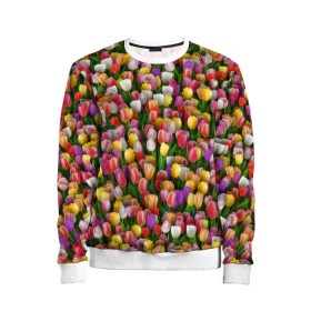 Детский свитшот 3D с принтом Разноцветные тюльпаны в Петрозаводске, 100% полиэстер | свободная посадка, прямой крой, мягкая тканевая резинка на рукавах и понизу свитшота | 8 марта | tulip | белый | букет | желтый | зеленый | красный | паттерн | розовый | тюльпан | тюльпанчики | цветок | цветочки | цветы