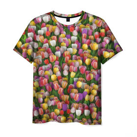 Мужская футболка 3D с принтом Разноцветные тюльпаны в Петрозаводске, 100% полиэфир | прямой крой, круглый вырез горловины, длина до линии бедер | Тематика изображения на принте: 8 марта | tulip | белый | букет | желтый | зеленый | красный | паттерн | розовый | тюльпан | тюльпанчики | цветок | цветочки | цветы