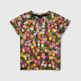 Детская футболка 3D с принтом Разноцветные тюльпаны в Петрозаводске, 100% гипоаллергенный полиэфир | прямой крой, круглый вырез горловины, длина до линии бедер, чуть спущенное плечо, ткань немного тянется | Тематика изображения на принте: 8 марта | tulip | белый | букет | желтый | зеленый | красный | паттерн | розовый | тюльпан | тюльпанчики | цветок | цветочки | цветы