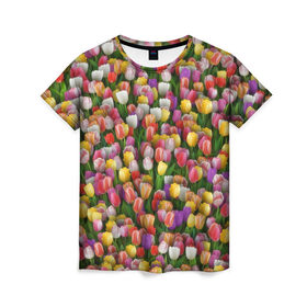 Женская футболка 3D с принтом Разноцветные тюльпаны в Петрозаводске, 100% полиэфир ( синтетическое хлопкоподобное полотно) | прямой крой, круглый вырез горловины, длина до линии бедер | Тематика изображения на принте: 8 марта | tulip | белый | букет | желтый | зеленый | красный | паттерн | розовый | тюльпан | тюльпанчики | цветок | цветочки | цветы