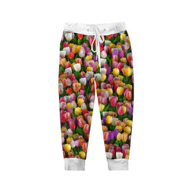 Детские брюки 3D с принтом Разноцветные тюльпаны в Петрозаводске, 100% полиэстер | манжеты по низу, эластичный пояс регулируется шнурком, по бокам два кармана без застежек, внутренняя часть кармана из мелкой сетки | 8 марта | tulip | белый | букет | желтый | зеленый | красный | паттерн | розовый | тюльпан | тюльпанчики | цветок | цветочки | цветы