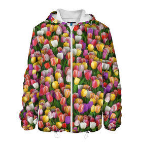Мужская куртка 3D с принтом Разноцветные тюльпаны в Петрозаводске, ткань верха — 100% полиэстер, подклад — флис | прямой крой, подол и капюшон оформлены резинкой с фиксаторами, два кармана без застежек по бокам, один большой потайной карман на груди. Карман на груди застегивается на липучку | Тематика изображения на принте: 8 марта | tulip | белый | букет | желтый | зеленый | красный | паттерн | розовый | тюльпан | тюльпанчики | цветок | цветочки | цветы