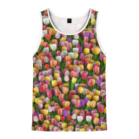Мужская майка 3D с принтом Разноцветные тюльпаны в Петрозаводске, 100% полиэстер | круглая горловина, приталенный силуэт, длина до линии бедра. Пройма и горловина окантованы тонкой бейкой | 8 марта | tulip | белый | букет | желтый | зеленый | красный | паттерн | розовый | тюльпан | тюльпанчики | цветок | цветочки | цветы
