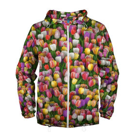 Мужская ветровка 3D с принтом Разноцветные тюльпаны в Петрозаводске, 100% полиэстер | подол и капюшон оформлены резинкой с фиксаторами, два кармана без застежек по бокам, один потайной карман на груди | 8 марта | tulip | белый | букет | желтый | зеленый | красный | паттерн | розовый | тюльпан | тюльпанчики | цветок | цветочки | цветы
