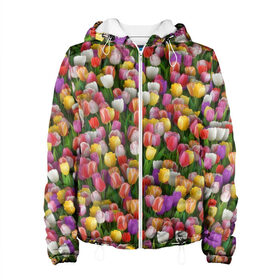 Женская куртка 3D с принтом Разноцветные тюльпаны в Петрозаводске, ткань верха — 100% полиэстер, подклад — флис | прямой крой, подол и капюшон оформлены резинкой с фиксаторами, два кармана без застежек по бокам, один большой потайной карман на груди. Карман на груди застегивается на липучку | 8 марта | tulip | белый | букет | желтый | зеленый | красный | паттерн | розовый | тюльпан | тюльпанчики | цветок | цветочки | цветы