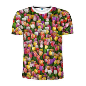 Мужская футболка 3D спортивная с принтом Разноцветные тюльпаны в Петрозаводске, 100% полиэстер с улучшенными характеристиками | приталенный силуэт, круглая горловина, широкие плечи, сужается к линии бедра | Тематика изображения на принте: 8 марта | tulip | белый | букет | желтый | зеленый | красный | паттерн | розовый | тюльпан | тюльпанчики | цветок | цветочки | цветы