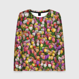 Женский лонгслив 3D с принтом Разноцветные тюльпаны в Петрозаводске, 100% полиэстер | длинные рукава, круглый вырез горловины, полуприлегающий силуэт | Тематика изображения на принте: 8 марта | tulip | белый | букет | желтый | зеленый | красный | паттерн | розовый | тюльпан | тюльпанчики | цветок | цветочки | цветы
