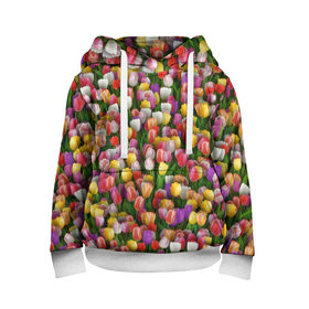 Детская толстовка 3D с принтом Разноцветные тюльпаны в Петрозаводске, 100% полиэстер | двухслойный капюшон со шнурком для регулировки, мягкие манжеты на рукавах и по низу толстовки, спереди карман-кенгуру с мягким внутренним слоем | 8 марта | tulip | белый | букет | желтый | зеленый | красный | паттерн | розовый | тюльпан | тюльпанчики | цветок | цветочки | цветы
