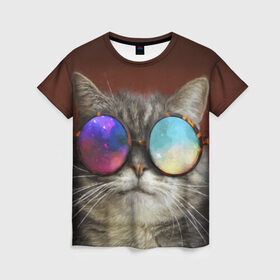 Женская футболка 3D с принтом котейки в Петрозаводске, 100% полиэфир ( синтетическое хлопкоподобное полотно) | прямой крой, круглый вырез горловины, длина до линии бедер | cat | взгляд | космос | кот | котик | очки