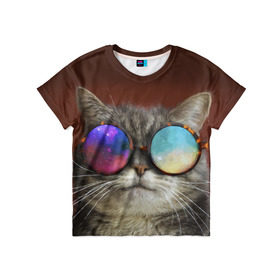Детская футболка 3D с принтом котейки в Петрозаводске, 100% гипоаллергенный полиэфир | прямой крой, круглый вырез горловины, длина до линии бедер, чуть спущенное плечо, ткань немного тянется | Тематика изображения на принте: cat | взгляд | космос | кот | котик | очки
