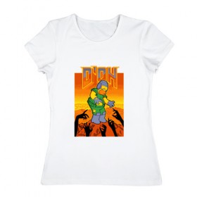 Женская футболка хлопок с принтом Doom D`Oh в Петрозаводске, 100% хлопок | прямой крой, круглый вырез горловины, длина до линии бедер, слегка спущенное плечо | doh | doom | homer | simpsons | гомер | дум