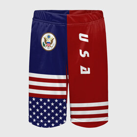 Детские спортивные шорты 3D с принтом USA (США) в Петрозаводске,  100% полиэстер
 | пояс оформлен широкой мягкой резинкой, ткань тянется
 | us | usa | америка | американец | американка | американцы | америки | герб | доллар | знак | надпись | патриот | полосы | символ | соединенные | страна | сша | флаг | флага | цвета | штаты