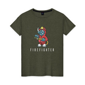 Женская футболка хлопок с принтом Пожарный в Петрозаводске, 100% хлопок | прямой крой, круглый вырез горловины, длина до линии бедер, слегка спущенное плечо | fire | firefighter | борец с огнем | для пожарных | носорог | огонь | пожар | пожарник | пожарный
